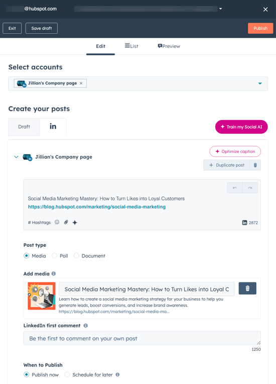 Capture d’écran de l’outil de rédaction pour les réseaux sociaux dans l’extension Social Chrome, montrant un exemple de brouillon de post LinkedIn avec un aperçu du lien, du contenu et des options pour sélectionner des comptes et planifier la publication.