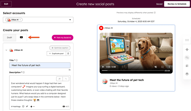 The social composer showing a draft of a YouTube post, including a video player preview. The YouTube tab is highlighted.