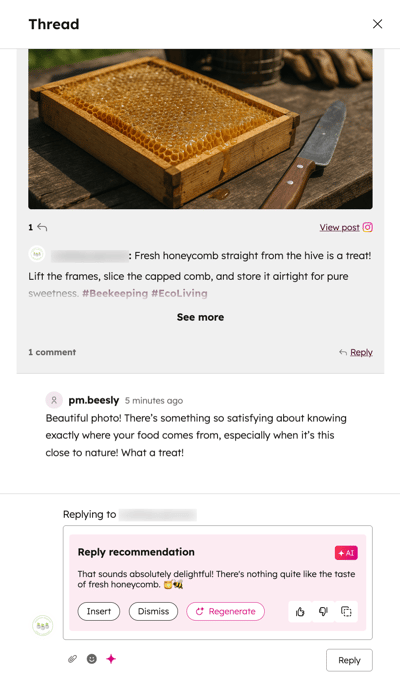 Screenshot of a social post thread, showing the option to insert a reply recommendation as a comment.