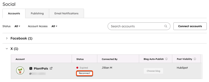 Social account settings, highlighting the option to reconnect an expired account connection to HubSpot.