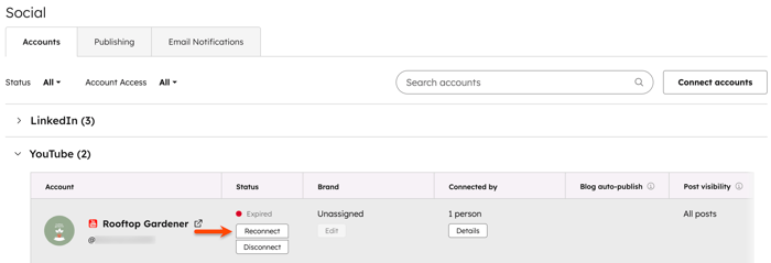 Social account settings, highlighting the option to reconnect an expired account connection to HubSpot.