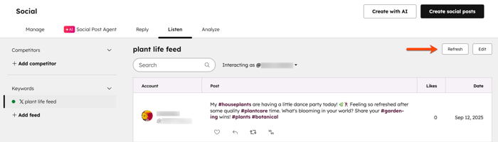 The social listen tab, highlighting the options to refresh or edit a keyword feed.