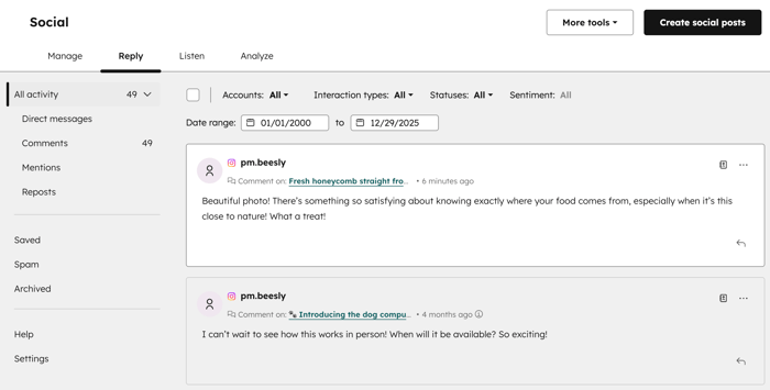 The social reply tab, displaying comments on social posts