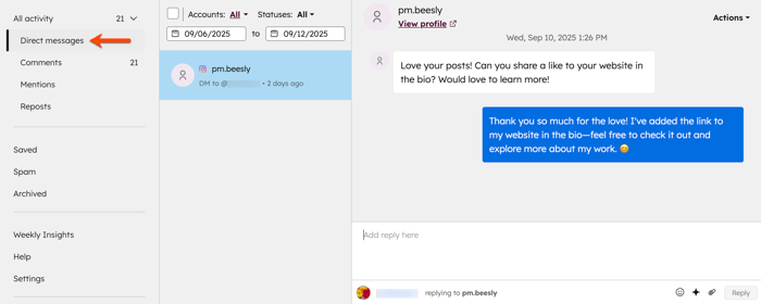 The social reply tab, showing the Direct messages folder, and a sample message in the inbox.