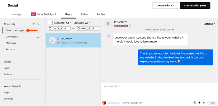The social reply tab, showing the Direct messages folder, and a sample message in the inbox.
