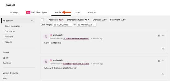 A guia de resposta social, exibindo comentários sobre postagens sociais