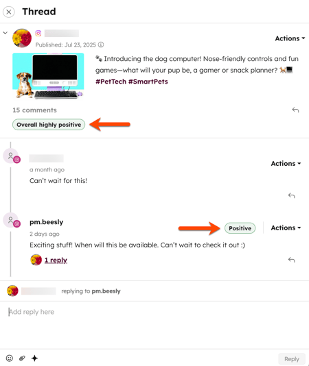 A social thread, highlighting positive social sentiment on a thread comment, and an overall highly positive net sentiment score next to the thread's comment count.