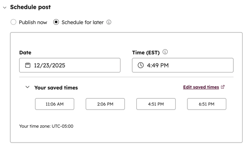 Social composer showing option to schedule a social post for a later date and time.