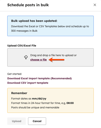 A screenshot of the “Schedule posts in bulk” dialog box, highlighting the upload area for CSV or Excel files.