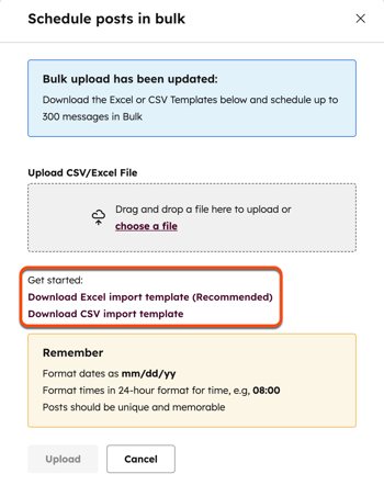 A screenshot of the 'Schedule posts in bulk' dialog box, highlighting the “Get started” section, which contains links to download the Excel and CSV import templates.