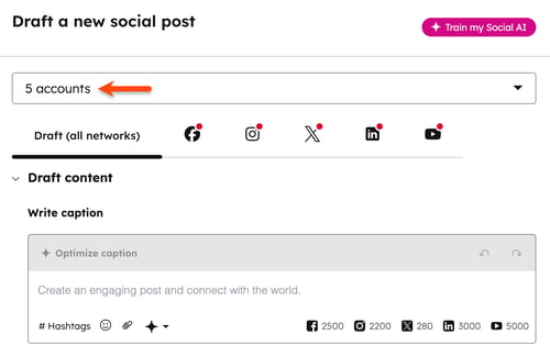 The social composer, highlighting the option to select multiple social media accounts when drafting a social post.