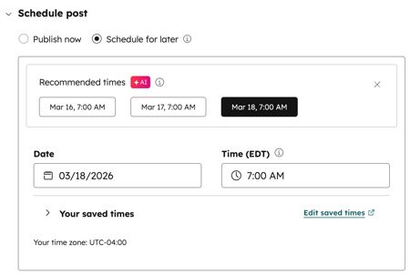 O redator social, mostrando as configurações para otimizar a data e a hora sociais de publicação posterior.