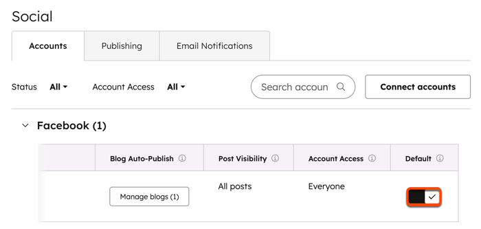 Social account settings, highlighting the option to set a social media account as the default.