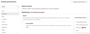 Screenshot of user permissions settings for the social tool, showing the dropdown menu for account access with 'Draft only' highlighted.