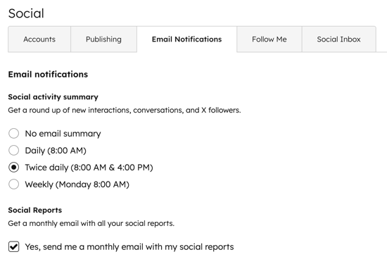Email Notifications settings for social activity, showing notification settings for the Social activity summary and Social reports.