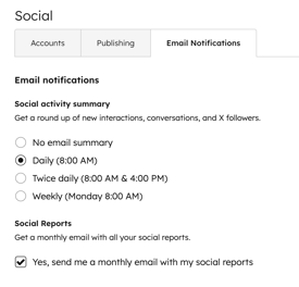 Email Notifications settings for social activity, showing notification settings for the Social activity summary and Social reports.