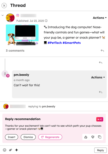 Um exemplo de comentário social na ferramenta de resposta social.