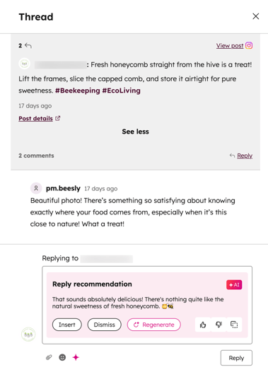 A sample social post comment in the social reply tool.