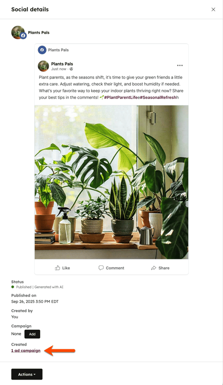 A published Facebook post details, highlighting the ad campaign link to access the corresponding Facebook post engagement ad.