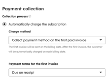 Screenshot of HubSpot subscription creation screen, showing options for collecting payment method on the first paid invoice.