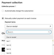 Screenshot of HubSpot subscription creation, showing manual payment collection settings for each invoice.