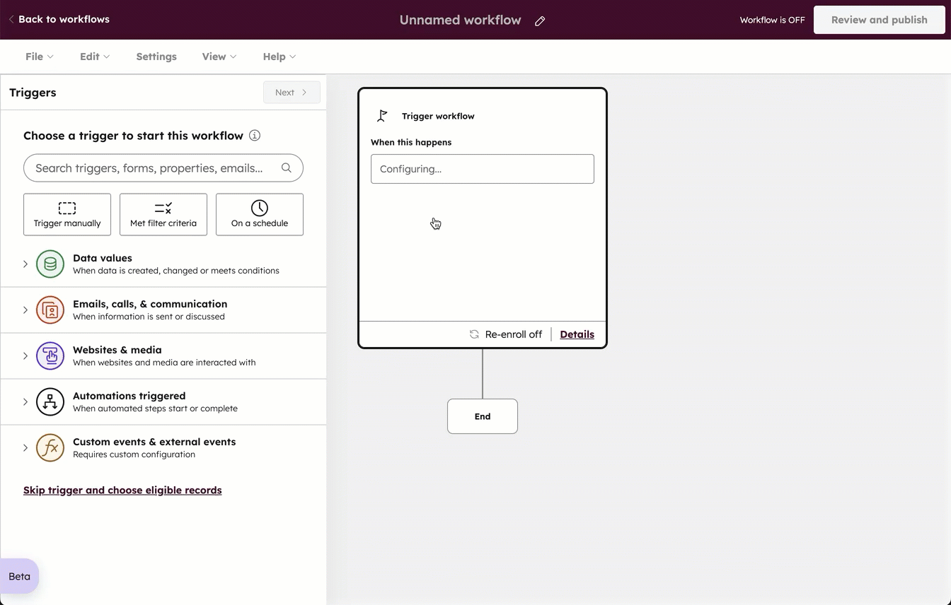 GIF displaying a deal-based workflow setup. The user configures a time since open property as the trigger and a task action for the owner of the deal.