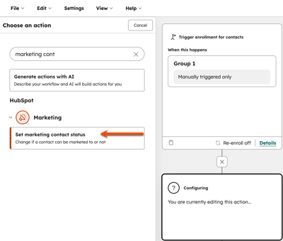 Editor de workflow con la acción "Establecer el estado del contacto de marketing" resaltada en el panel de acciones y los pasos del workflow mostrados a la derecha.