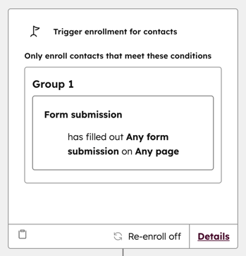 Workflow enrollment configuration, showing enrollment based on form submissions.