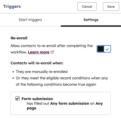 Workflow re-enrollment settings, showing re-enrollment based on contact form submissions.