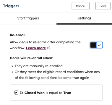 Workflow re-enrollment settings, showing re-enrollment based on closed won deals.