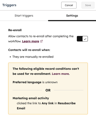 Workflow re-enrollment settings, showing filters that are not eligible for re-enrollment.