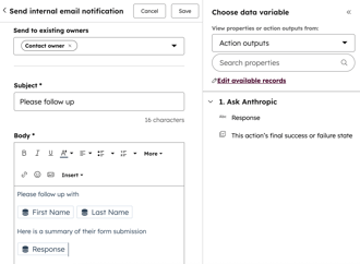 screenshot of anthropic action output setup in workflow