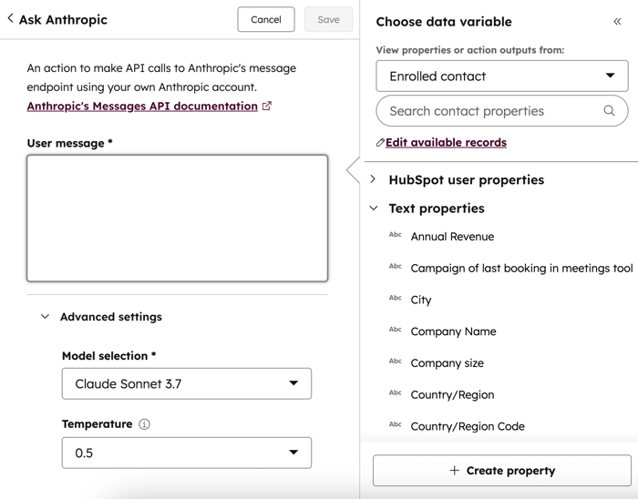 screenshot of the Ask Anthropic-workflow action in HubSpot