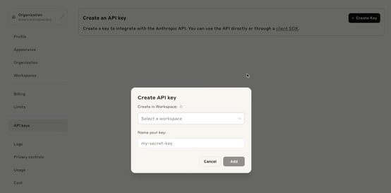 screenshot showing how to retrieve an Anthropic API key.
