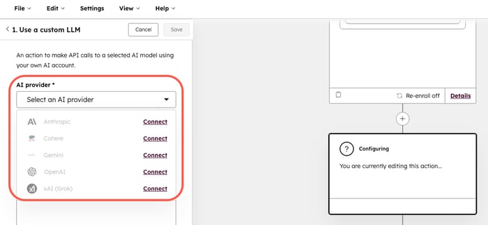 screenshot showing the AI provider dropdown menu for the Use a custom LLM workflow action.