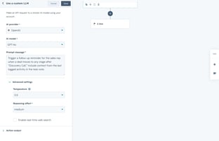 screenshot showing the option in the left panel to set the Temperature and Reasoning effort in a Use a custom LLM workflow action.