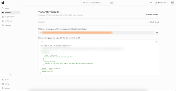 screenshot showing how to retrieve an xAI API key. 