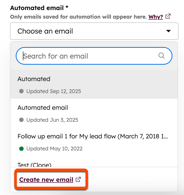 Screenshot of the workflows tool. In the left panel, the Automated email dropdown menu and Create new email option within it are highlighted.