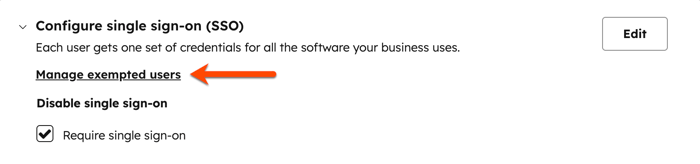 Security settings, showing the option to manage exempted users from single sign-on.