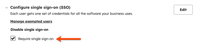 Security settings, showing the option to require single sign-on for users.