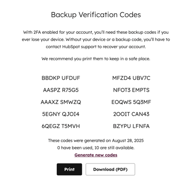 Two-factor authentication, showing the step to print or download backup verification codes.