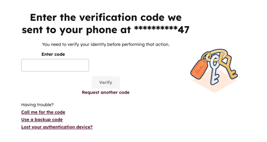 Account login, showing the prompt to enter your verification code that was sent to your phone.