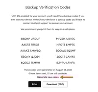 Two-factor authentication, highlighting the option to generate new backup codes.