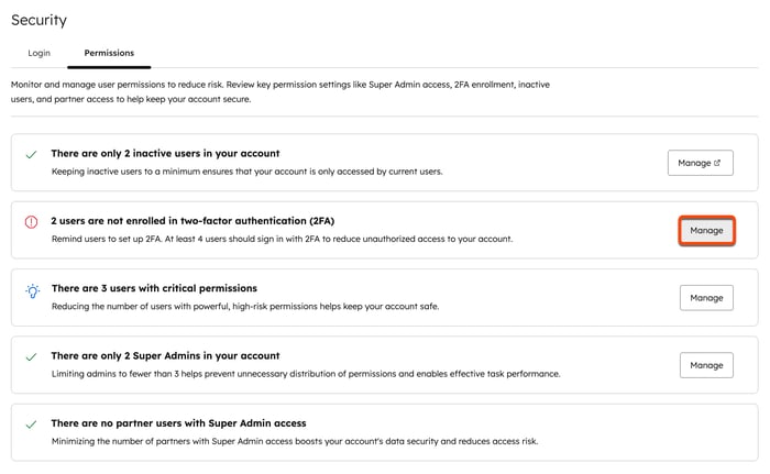 Account security settings, highlighting the option to manage users who are not enrolled in 2FA.