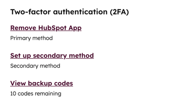 Account two-factor authentication settings, showing the options to remove the HubSpot App as the primary 2FA method, set up a secondary method, and view backup codes.