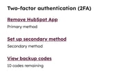 Account two-factor authentication settings, showing the options to remove the HubSpot App as the primary 2FA method, set up a secondary method, and view backup codes.
