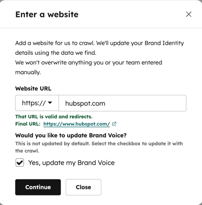 Dialog box showing fields to enter a website URL for crawling and a checkbox to update Brand Voice, with Continue and Close buttons.