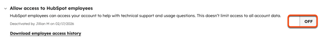 Configuración de seguridad de la cuenta, mostrando la configuración para permitir el acceso a los empleados de HubSpot.