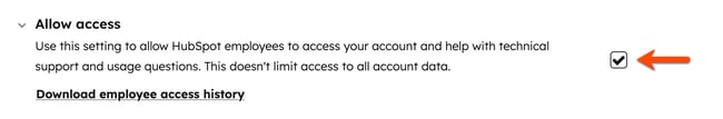Account security settings, displaying the setting to allow access to HubSpot employees. This screenshot shows a selected checkbox, indicating HubSpot employee access is turned on.