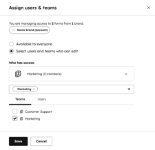 “Assign users & teams” settings with the “Select users and teams who can edit” radio button selected.